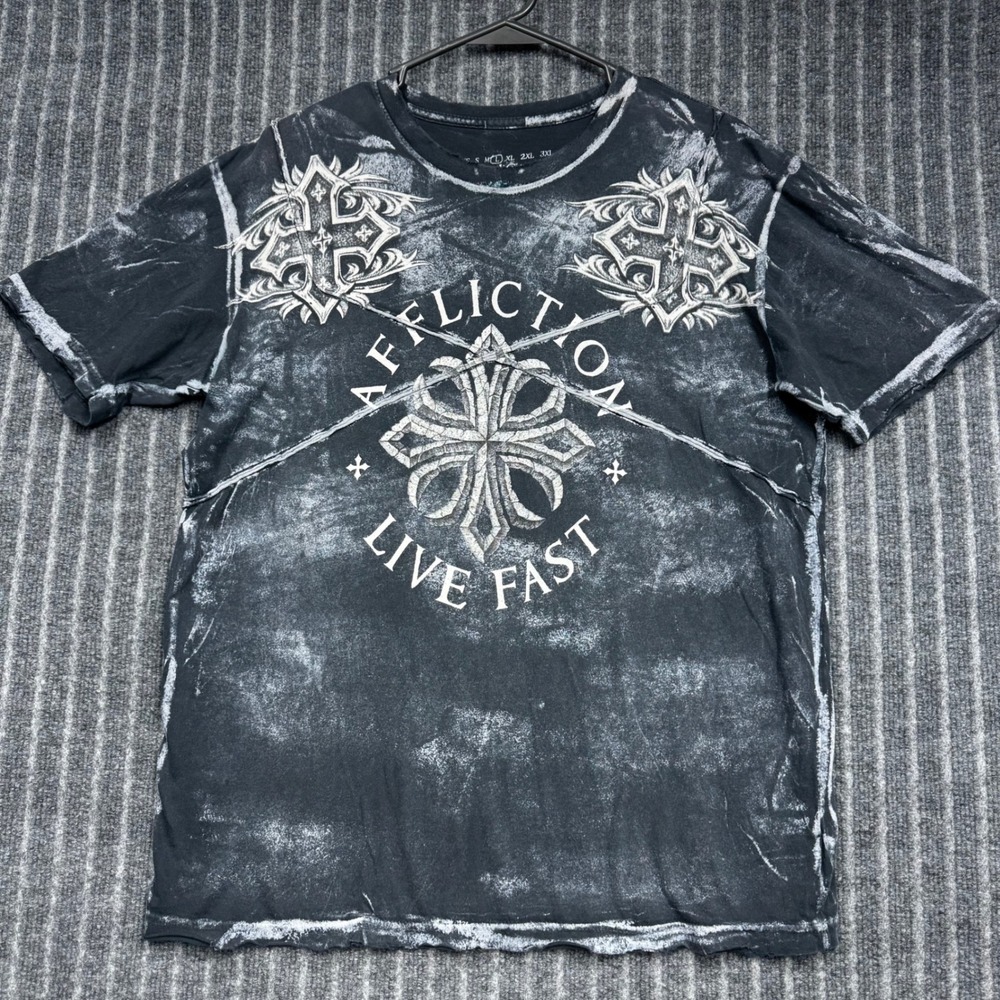 Affliction T-Shirt Large Black Excellent‎ Acid Wash Gothic Cross Graphic (2277)